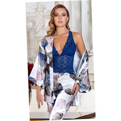 Jeremi 3090 Çeyizlik İpek Saten Üçlü Büstiyerli Pijama Takımı - Lacivert