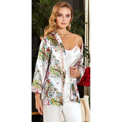 Jeremi 3140 Çeyizlik İpek Saten Üçlü Askılı Pijama Takımı - Krem
