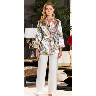 Jeremi 3140 Çeyizlik İpek Saten Üçlü Askılı Pijama Takımı - Krem