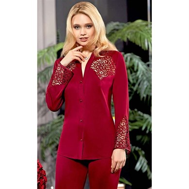 Jeremi 573 Penye Dantelli Uzun Altılı Gecelik Sabahlık Takım - Bordo