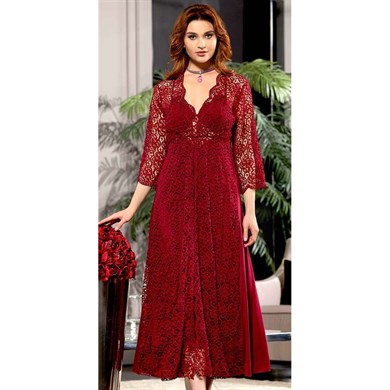 Jeremi 573 Penye Dantelli Uzun Altılı Gecelik Sabahlık Takım - Bordo