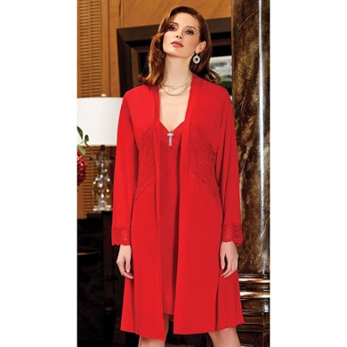 Jeremi 585 Çeyizlik Penye Dantelli Kısa Altılı Gecelik Sabahlık Takım - Kırmızı