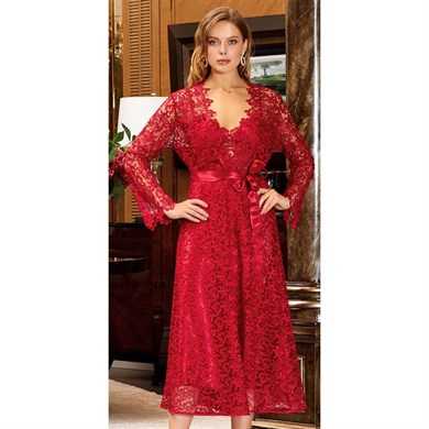 Jeremi 619 Çeyizlik İpek Saten Dantelli Uzun Altılı Set - Bordo