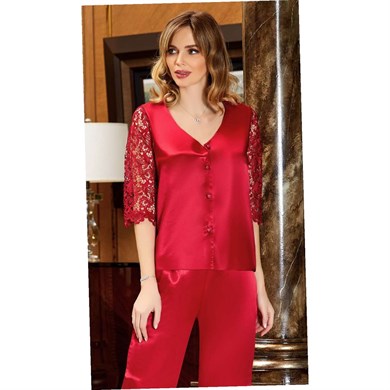 Jeremi 619 Çeyizlik İpek Saten Dantelli Uzun Altılı Set - Bordo