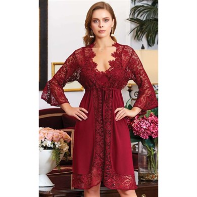 Jeremi 800 Çeyizlik Penye Dantelli Kısa Altılı Gecelik Sabahlık Takım - Bordo