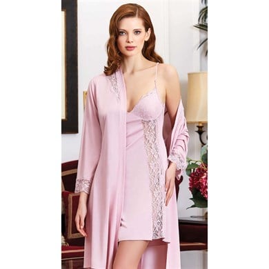 Jeremi 870 Çeyizlik Penye Dantelli Kısa Altılı Gecelik Sabahlık Takım - Pudra