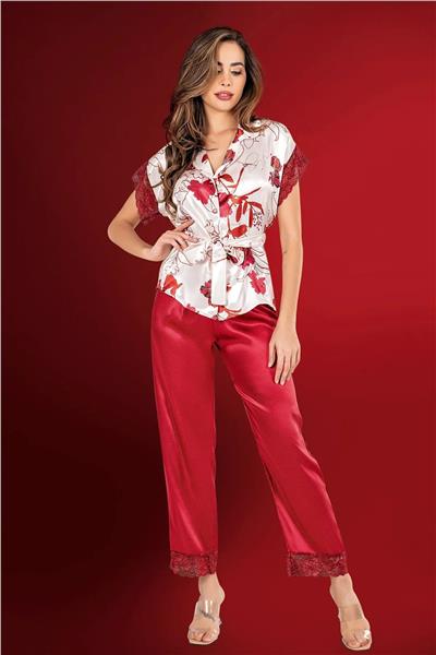 Loomerie 2020 Kadın Kısa Kollu Saten Pijama Takımı-Bordo