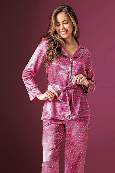 Loomerie 2190 Kadın Saten Uzun Kollu Pijama Takımı-Pembe