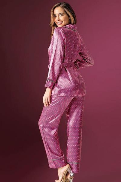 Loomerie 2190 Kadın Saten Uzun Kollu Pijama Takımı-Pembe