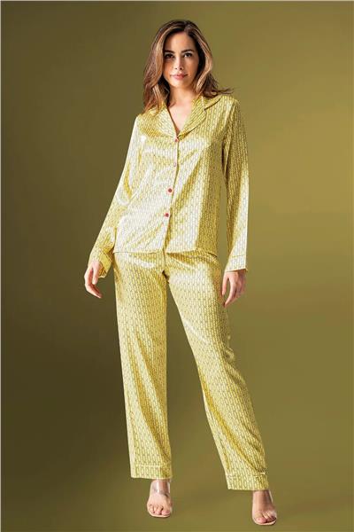 Loomerie 2200 Kadın Saten Uzun Kollu Pijama Takımı-Sarı
