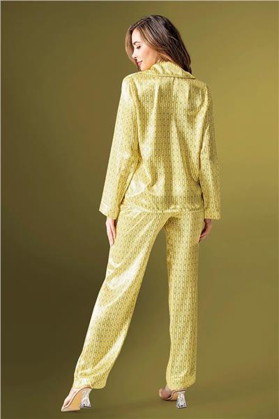 Loomerie 2200 Kadın Saten Uzun Kollu Pijama Takımı-Sarı