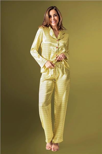 Loomerie 2200 Kadın Saten Uzun Kollu Pijama Takımı-Sarı