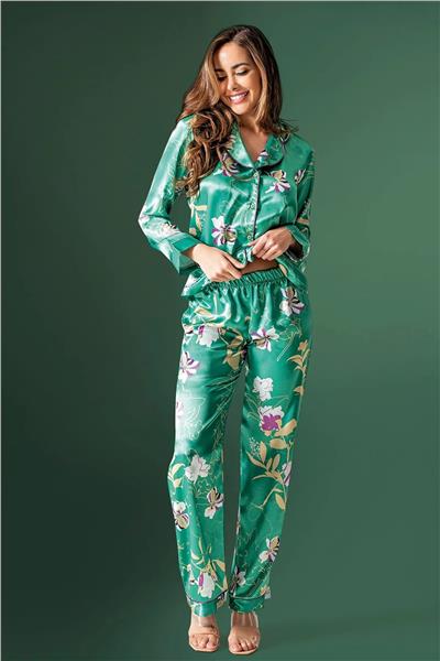 Loomerie 2210 Kadın Saten Uzun Kollu Pijama Takımı-Yeşil