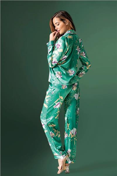Loomerie 2210 Kadın Saten Uzun Kollu Pijama Takımı-Yeşil