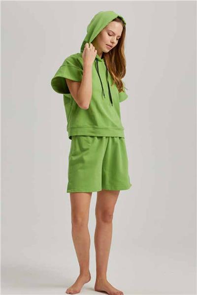 Loomerie 23766 Kadın Kısa Kollu Kapişonlu Şortlu Eşofman Takımı-Yeşil