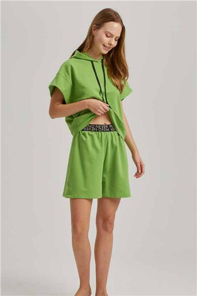 Loomerie 23766 Kadın Kısa Kollu Kapişonlu Şortlu Eşofman Takımı-Yeşil