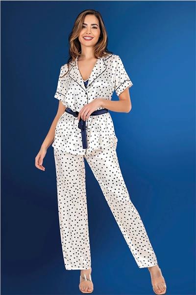 Loomerie 3050 Kadın Saten Sabahlıklı Pijama Takım-Lacivert