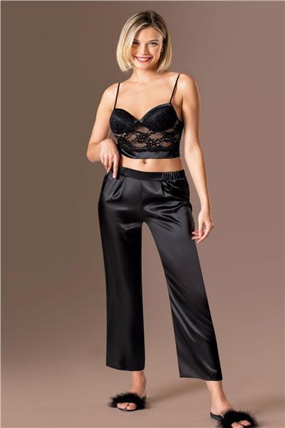 Loomerie 3100 Kadın Saten Sabahlıklı Pijama Takım-Siyah