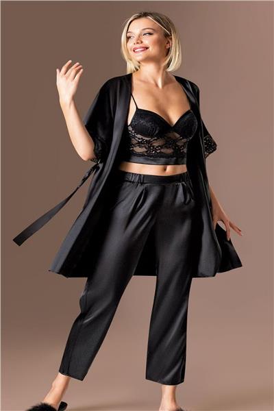 Loomerie 3100 Kadın Saten Sabahlıklı Pijama Takım-Siyah