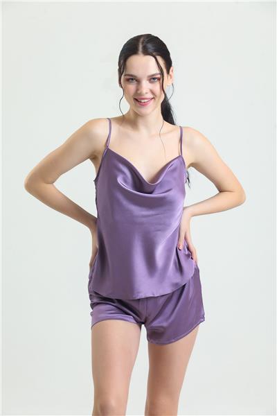 Magic Form 16790 Kadın Degaje Yaka Krep Saten İp Askılı Şort Takım -Lila