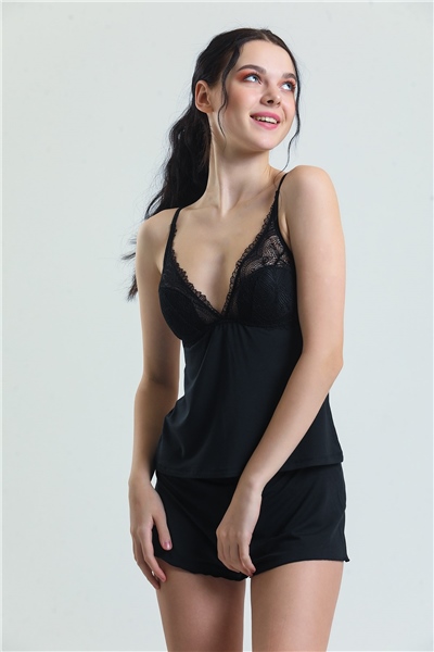 Magic Form 17378 Kadın Dantelli Modal İp Askılı Şort Takım-Siyah