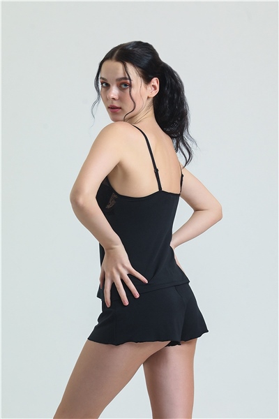 Magic Form 17378 Kadın Dantelli Modal İp Askılı Şort Takım-Siyah