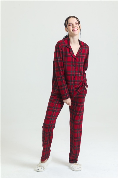 Magic Form 17864 Kadın Önden Düğmeli Pijama takımı-Bordo