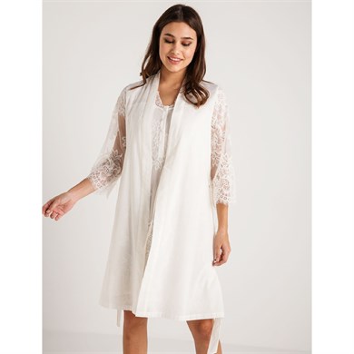 Magic Form 26414 Koton Dantelli Sabahlık Gecelik Takım - Ekru