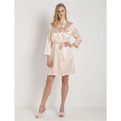 Magic Form 30427 Düz Saten Kumaşlı Arkası Bride Yazılı Kısa Sabahlık - Somon