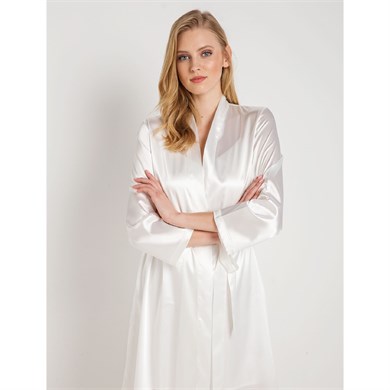 Magic Form 30427 Düz Saten Kumaşlı Arkası Bride Yazılı Kısa Sabahlık - Ekru
