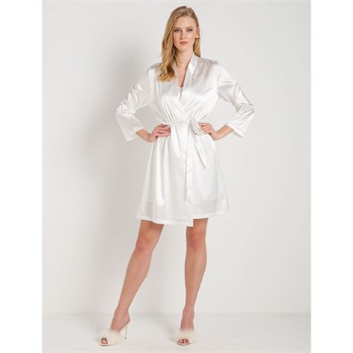 Magic Form 30427 Düz Saten Kumaşlı Arkası Bride Yazılı Kısa Sabahlık - Ekru