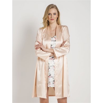 Magic Form 30427 Düz Saten Kumaşlı Arkası Bride Yazılı Kısa Sabahlık - Somon