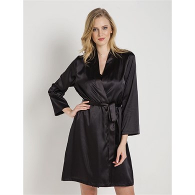 Magic Form 30427 Düz Saten Kumaşlı Arkası Bride Yazılı Kısa Sabahlık - Siyah