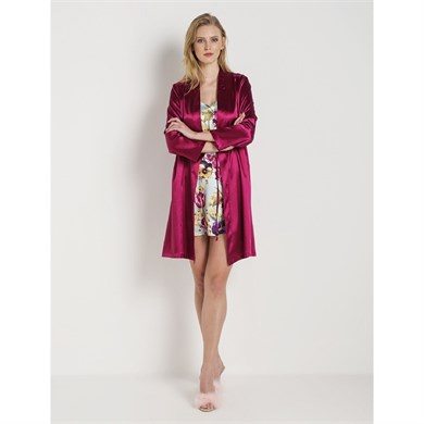 Magic Form 30427 Düz Saten Kumaşlı Arkası Bride Yazılı Kısa Sabahlık - Vişne