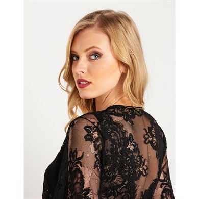 Magic Form 31770 Püsküllü Dantelli Krep Uzun Sabahlık - Siyah