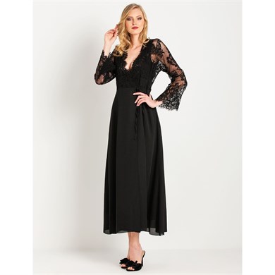 Magic Form 31770 Püsküllü Dantelli Krep Uzun Sabahlık - Siyah