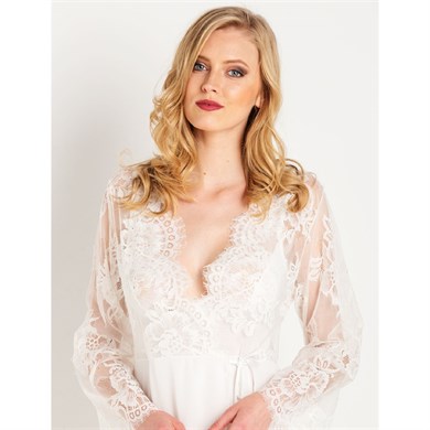 Magic Form 31770 Püsküllü Dantelli Krep Uzun Sabahlık - Ekru