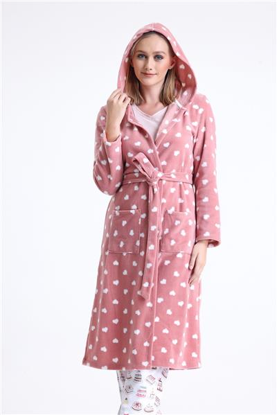 Magic Form 32456 Kadın Polar Kapişonlu Uzun Sabahlık(Göz Bandı Hediyeli)-Gülkurusu