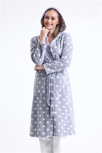 Magic Form 32456 Kadın Polar Kapişonlu Uzun Sabahlık(Göz Bandı Hediyeli)-Gri