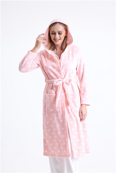 Magic Form 32456 Kadın Polar Kapişonlu Uzun Sabahlık(Göz Bandı Hediyeli)-Pembe