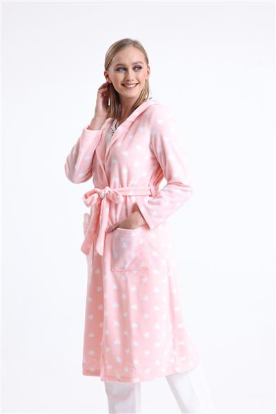 Magic Form 32456 Kadın Polar Kapişonlu Uzun Sabahlık(Göz Bandı Hediyeli)-Pembe