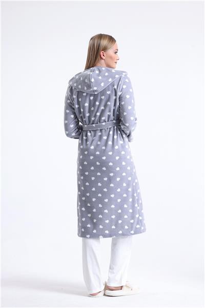Magic Form 32456 Kadın Polar Kapişonlu Uzun Sabahlık(Göz Bandı Hediyeli)-Gri