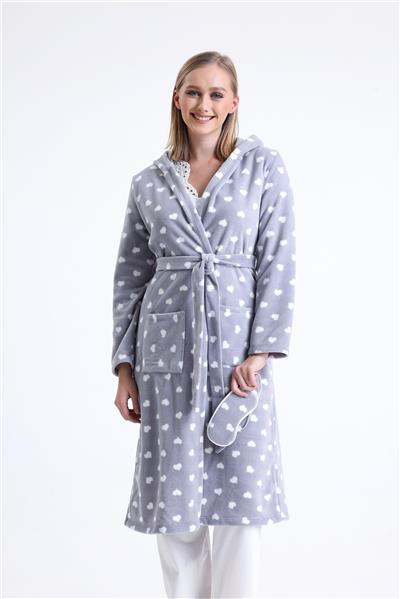 Magic Form 32456 Kadın Polar Kapişonlu Uzun Sabahlık(Göz Bandı Hediyeli)-Gri