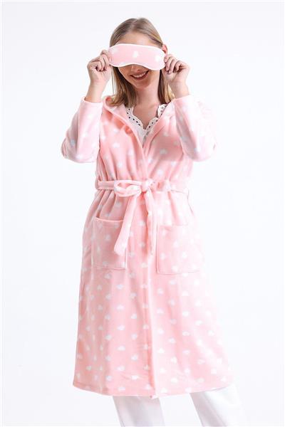 Magic Form 32456 Kadın Polar Kapişonlu Uzun Sabahlık(Göz Bandı Hediyeli)-Pembe