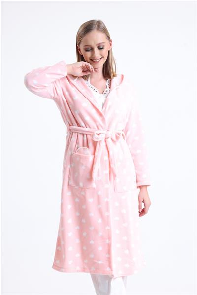 Magic Form 32456 Kadın Polar Kapişonlu Uzun Sabahlık(Göz Bandı Hediyeli)-Pembe