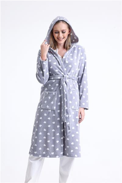 Magic Form 32456 Kadın Polar Kapişonlu Uzun Sabahlık(Göz Bandı Hediyeli)-Gri