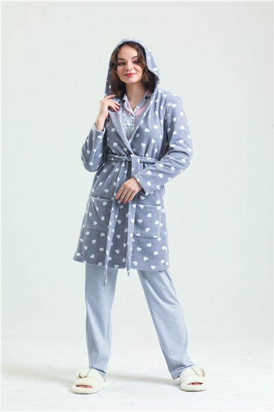 Magic Form 35252 Kadın Kapişonlu Polar Sabahlık-Gri