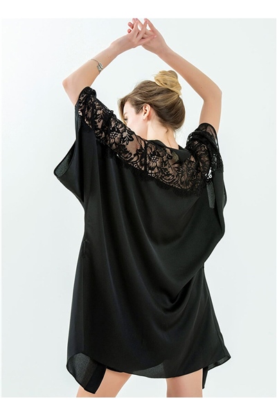 Magic Form 36494 Kadın Dantelli Saten Sabahlık-Siyah