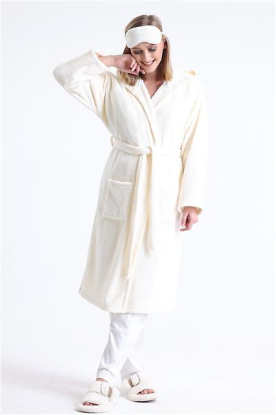 Magic Form 49870 Kadın Kapüşonlu Uzun Polar Sabahlık (Uyku Gözlüğü Hediyeli)-Ekru