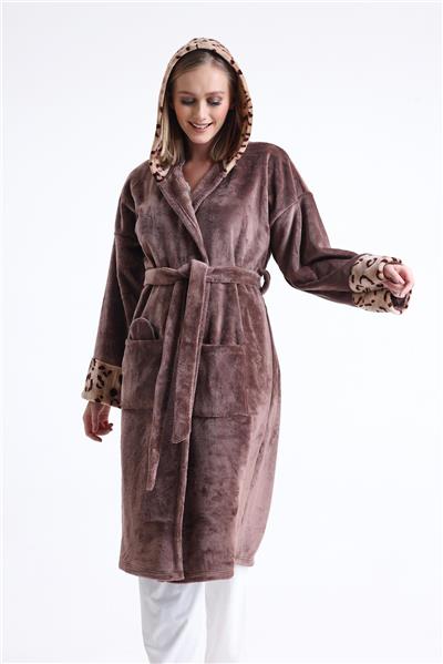 Magic Form 49870 Kadın Kapüşonlu Uzun Polar Sabahlık (Uyku Gözlüğü Hediyeli)-Kahve